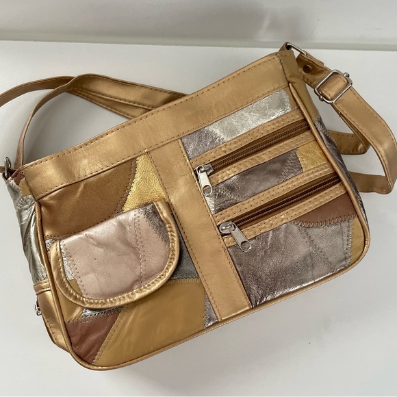 NWOT 100% Lamb Leather - Gold and Silver Metallic Quilt Style Shoulder Bag - Picture 1 of 10